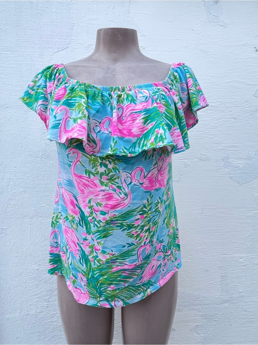 Lilly Pulitzer Pink & Aqua Flamingo Off-Shoulder Ruffle Top